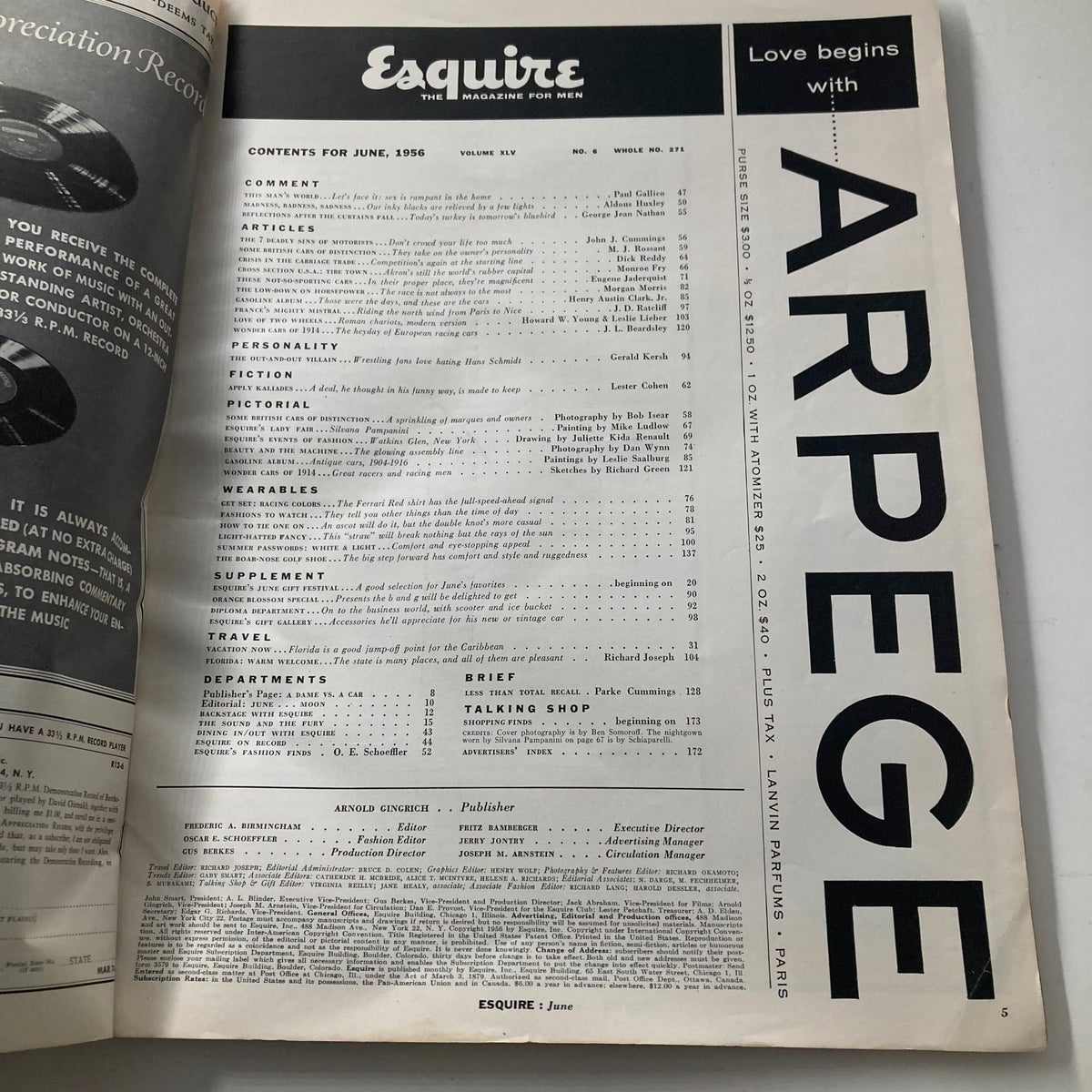 Contents page of VTG Esquire Magazine June 1956, Volume 45, Issue 6, highlighting article listings and editorial details.