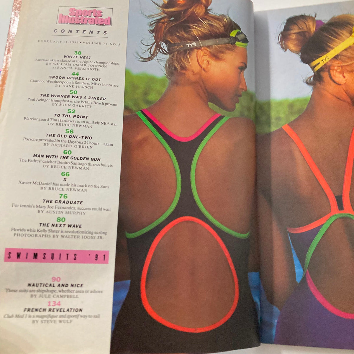 Interior page of Sports Illustrated Magazine February 11 1991 displaying the contents page with details on featured articles including swimsuit features.