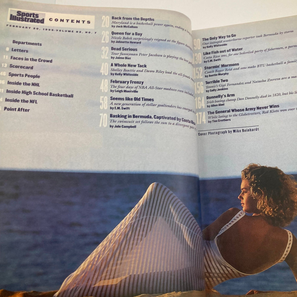 Sports Illustrated Magazine February 20 1995 showcasing the contents page, featuring articles including 'Basking in Bermuda, Captivated by Costa Rica' and coverage of mid-90s sports events.