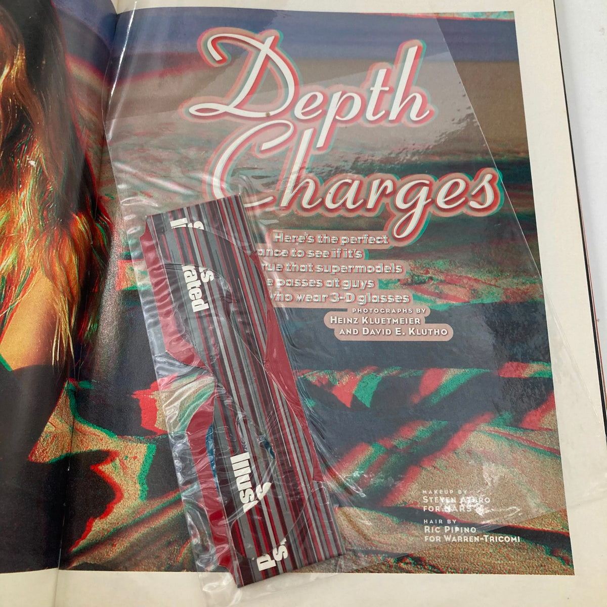 Interior page of Sports Illustrated Magazine Winter 2000, highlighting 'Depth Charges' feature with 3D glasses, presenting supermodel insights.
