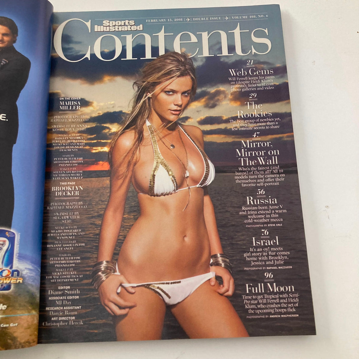 Contents page of Sports Illustrated Magazine Winter 2008 showing Marisa Miller in a white bikini, showcasing feature articles and model highlights.