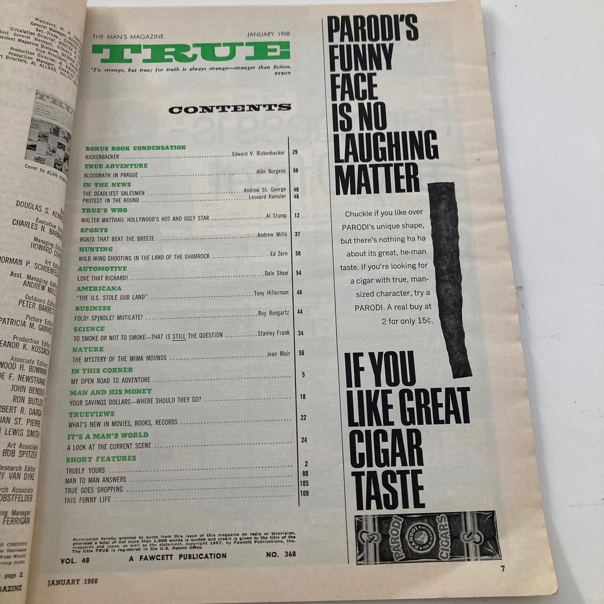 Contents page of TRUE The Man's Magazine January 1968, with articles including Rickenbacker, Deadliest Salesmen, and Sports, presenting an overview of featured stories.