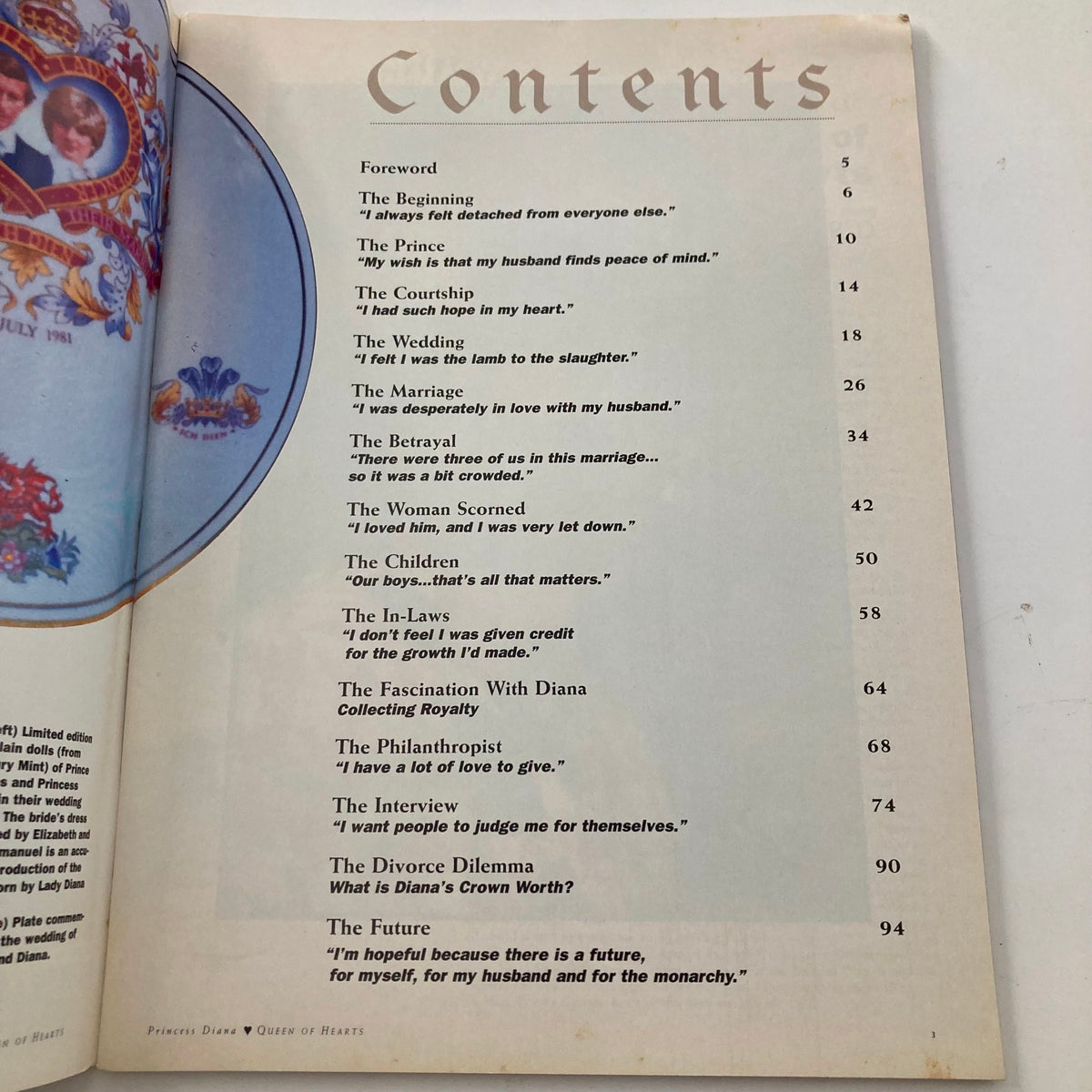 Table of contents page from the 1997 Biograph Magazine Tribute to Princess Diana, listing article titles related to her life and legacy.