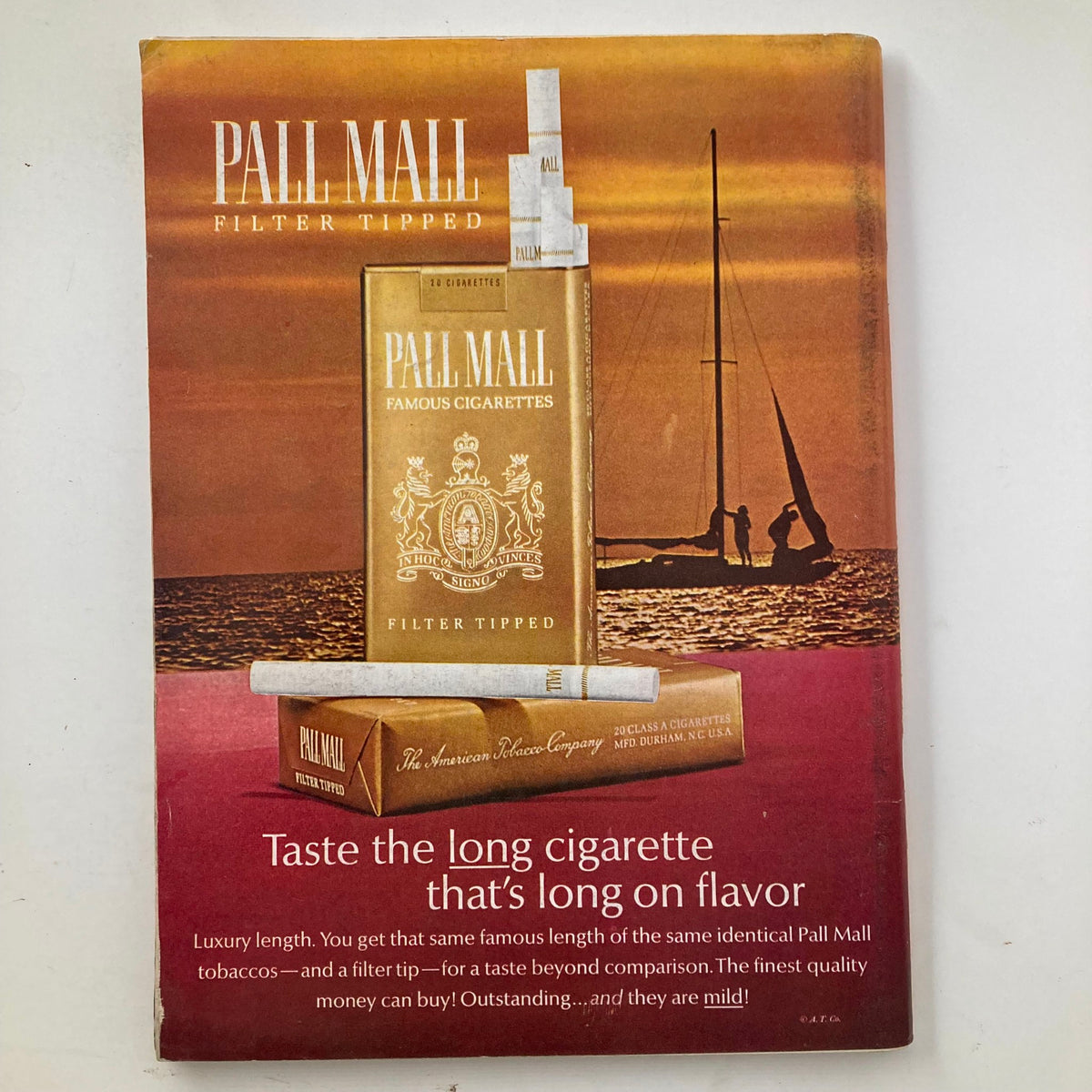 Advertisement from VTG Playboy Magazine October 1966, featuring Pall Mall cigarettes with scenic background, emphasizing luxury and flavor.