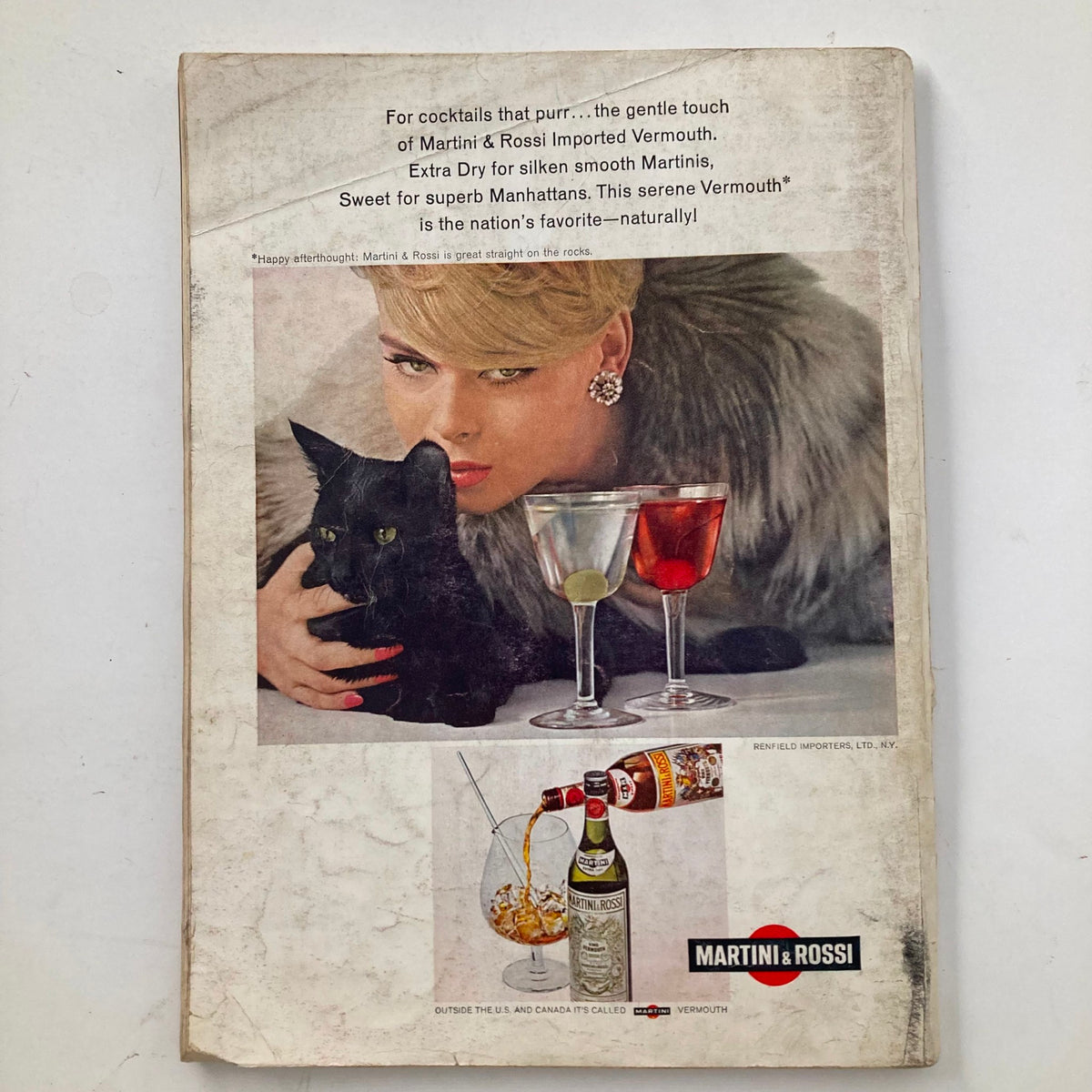 Back cover of VTG Playboy Magazine June 1966 featuring an advertisement for Martini & Rossi Vermouth, with a glamorous model and two cocktails.