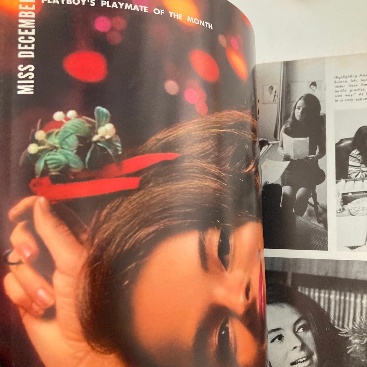 Inside spread of Playboy Magazine December 1966, highlighting Miss December, the Playmate of the Month with festive decoration, capturing the essence of the holiday edition.