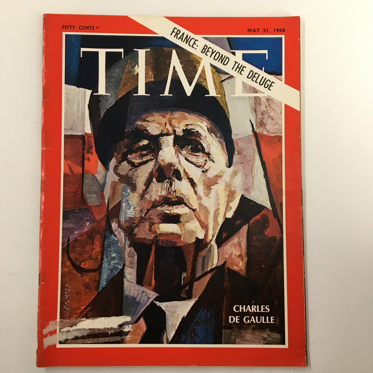Vintage Time Magazine cover from May 31, 1968, featuring a striking portrait of Charles de Gaulle with the headline 'France: Beyond the Deluge', showcasing a pivotal moment in French history.