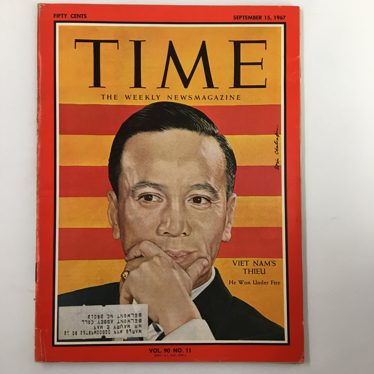 Vintage Time Magazine cover from September 15, 1967, featuring the title 'Viet Nam Thieu Won Under Fire' with a portrait of Nguyen Van Thieu. This issue, Vol. 90 No. 11, reflects the historical context of the Vietnam War era.