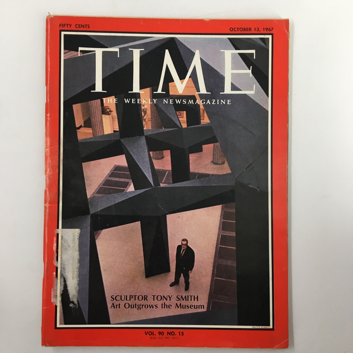 Vintage Time Magazine October 13, 1967, Vol. 90 No. 15 featuring Sculptor Tony Smith on the cover, showcasing his artwork with a striking design.