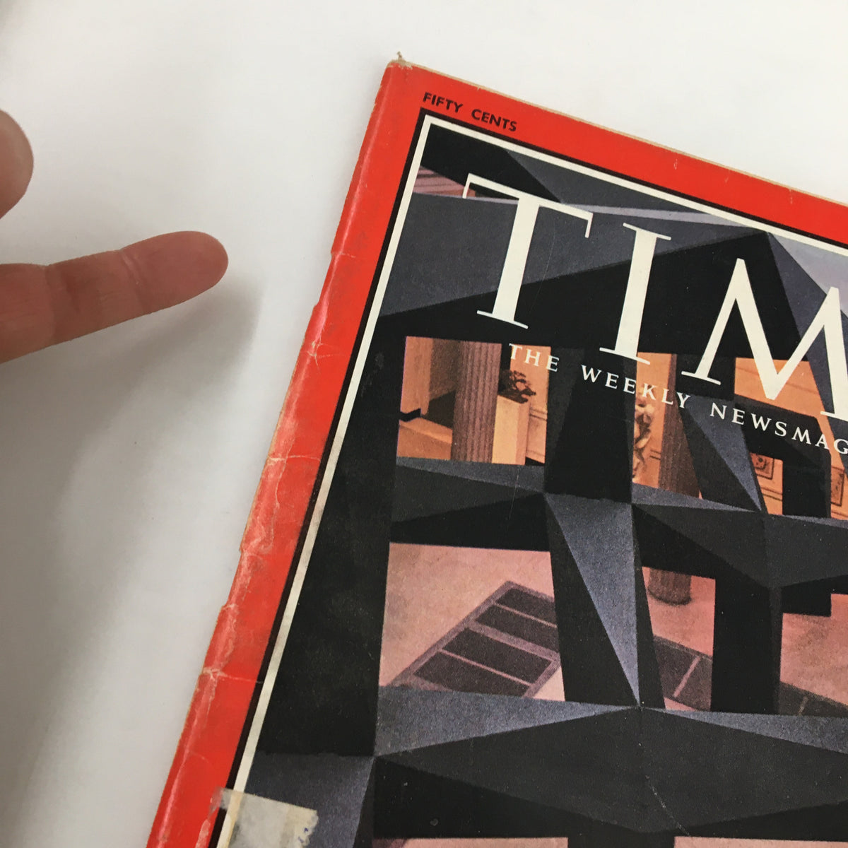 Close-up of the cover of Vintage Time Magazine October 13, 1967, Vol. 90 No. 15, highlighting the title and art featuring Sculptor Tony Smith.