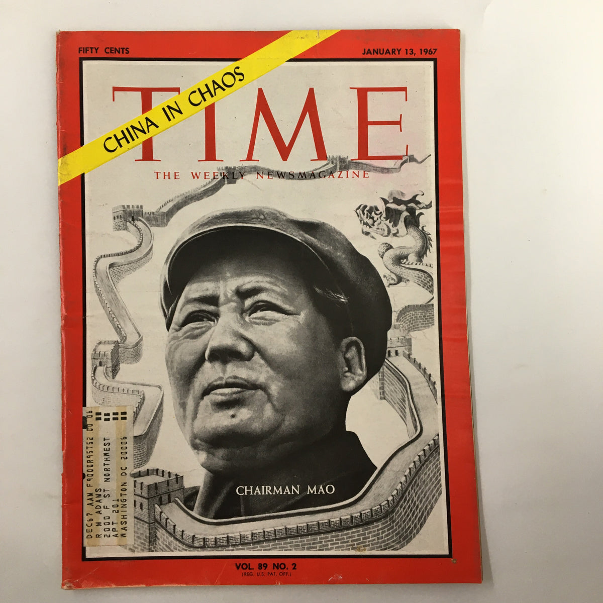 Cover of Vintage Time Magazine January 13 1967 featuring Chairman Mao Zedong with the headline 'China in Chaos'.
