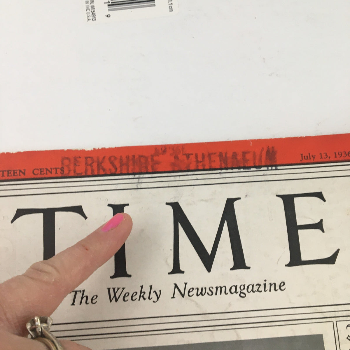 Address label and markings on the back cover of Time Magazine July 13 1936 Vol 28 #2 featuring Joe DiMaggio.