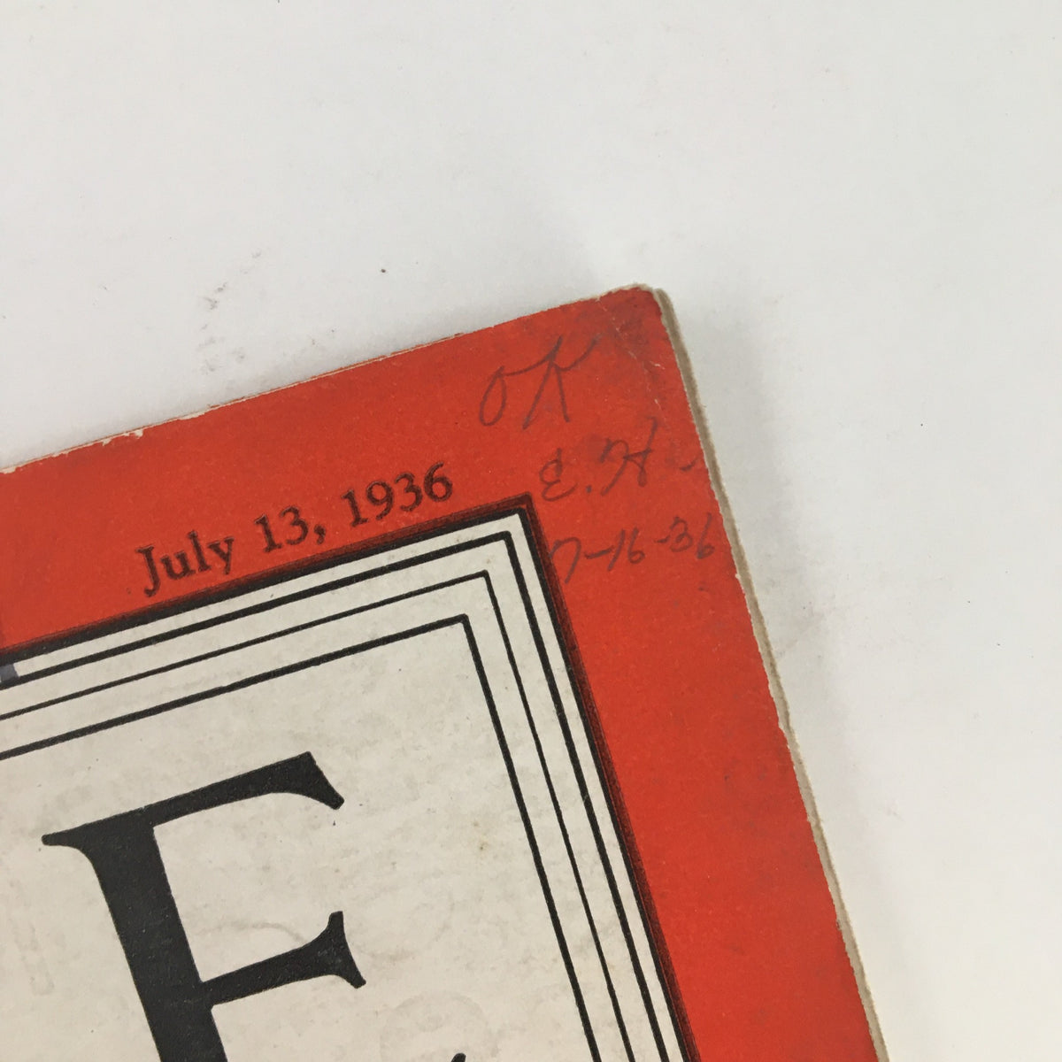 Top corner of the Time Magazine July 13 1936 Vol 28 #2, including the publication date and handwritten notes.