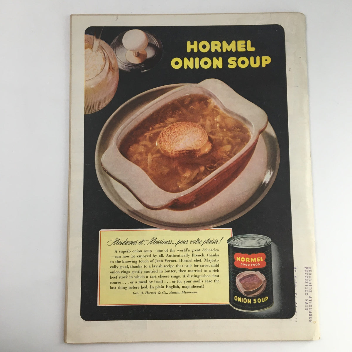 Vintage advertisement for Hormel Onion Soup featuring a bowl of soup with a toast on top, part of the Time Magazine January 10, 1949 Vol 53 #2 issue featuring American professional golfer Ben Hogan on the cover.