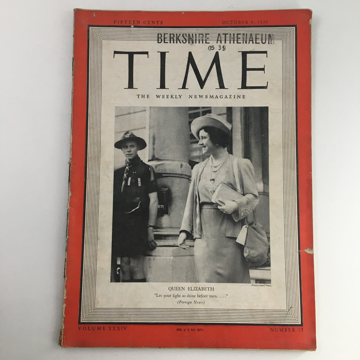 Time Magazine October 9 1939 Vol 34 #15 Photograph of Queen Elizabeth