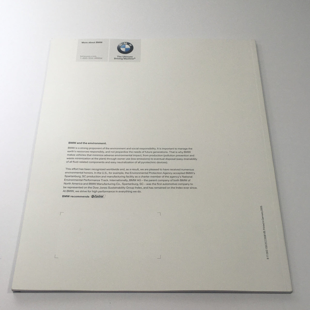 Back cover of the 2009 BMW 3 Series Sedan brochure with sustainability message from BMW.