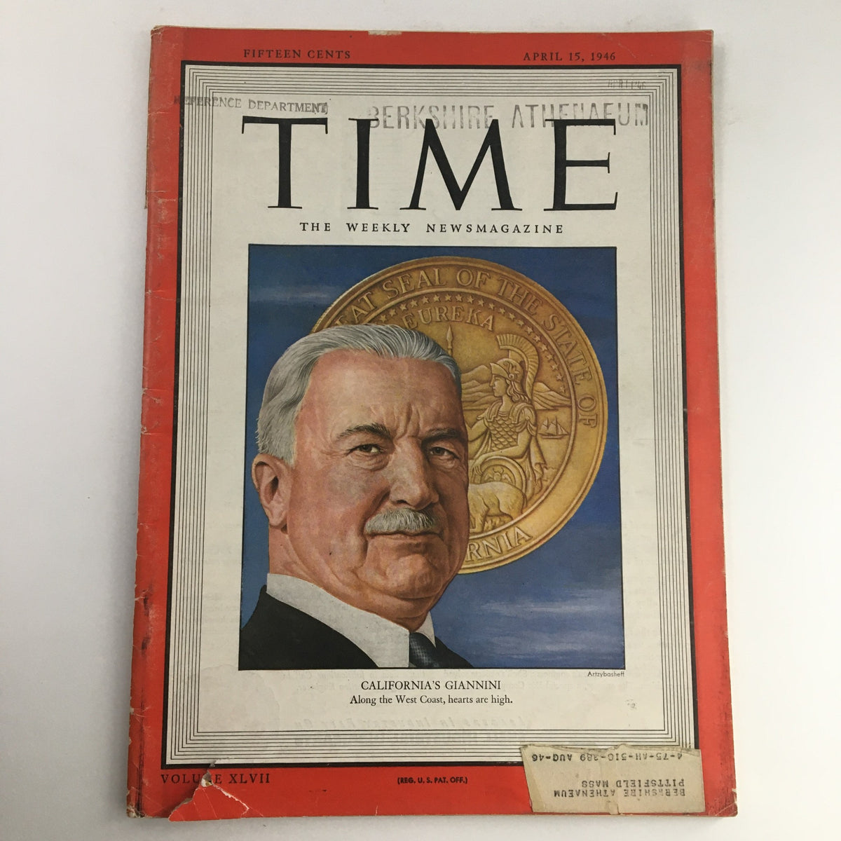 Cover of Time Magazine dated April 15, 1946, featuring California's Italian-American banker Amadeo Giannini with historical details and a vibrant design.