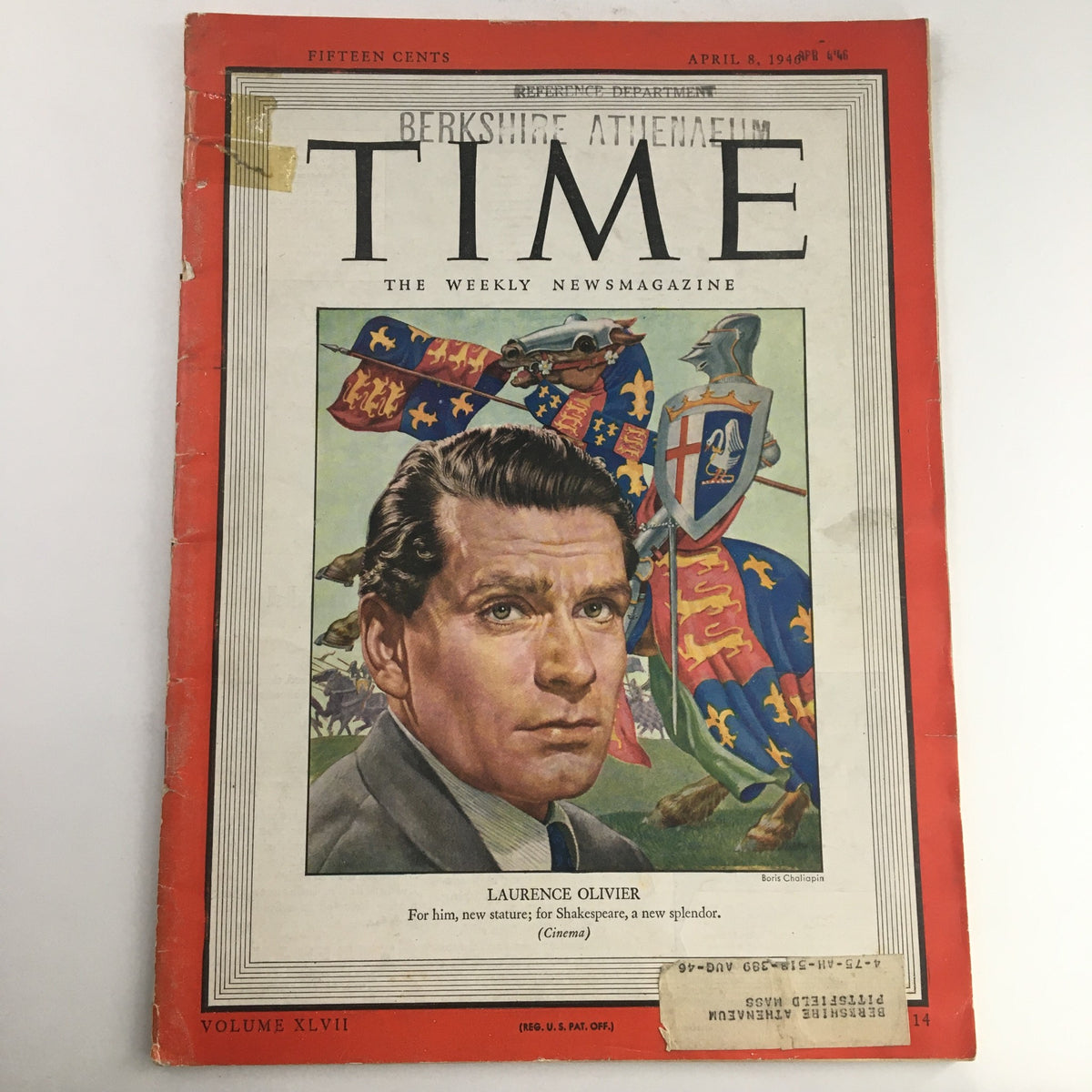 Cover of Time Magazine from April 8, 1946 featuring English actor Laurence Olivier with a historic backdrop, showcasing an iconic piece of Hollywood history.