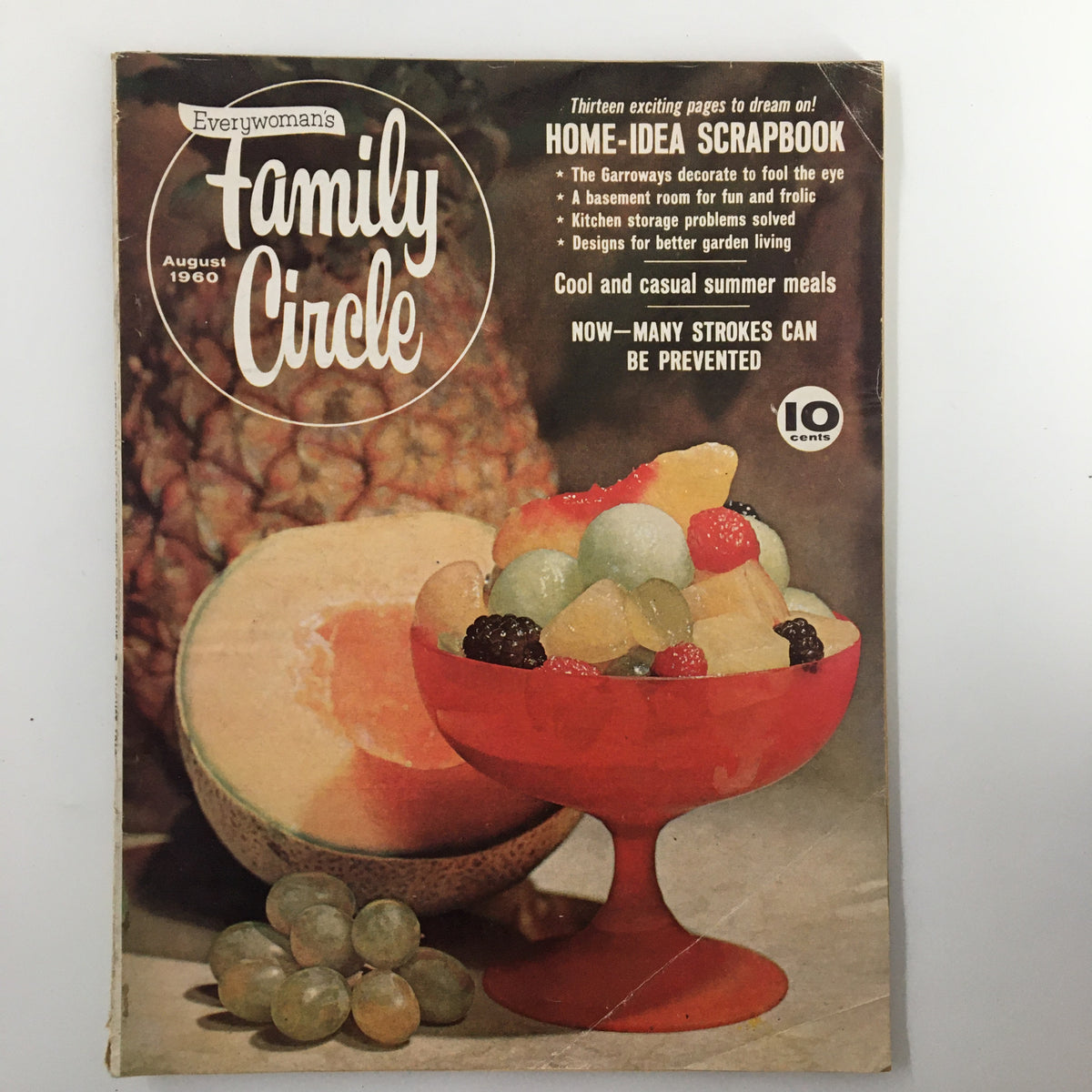 Cover of VTG Family Circle August 1960 featuring a colorful dessert display with fruits, highlighting the article on stroke prevention.