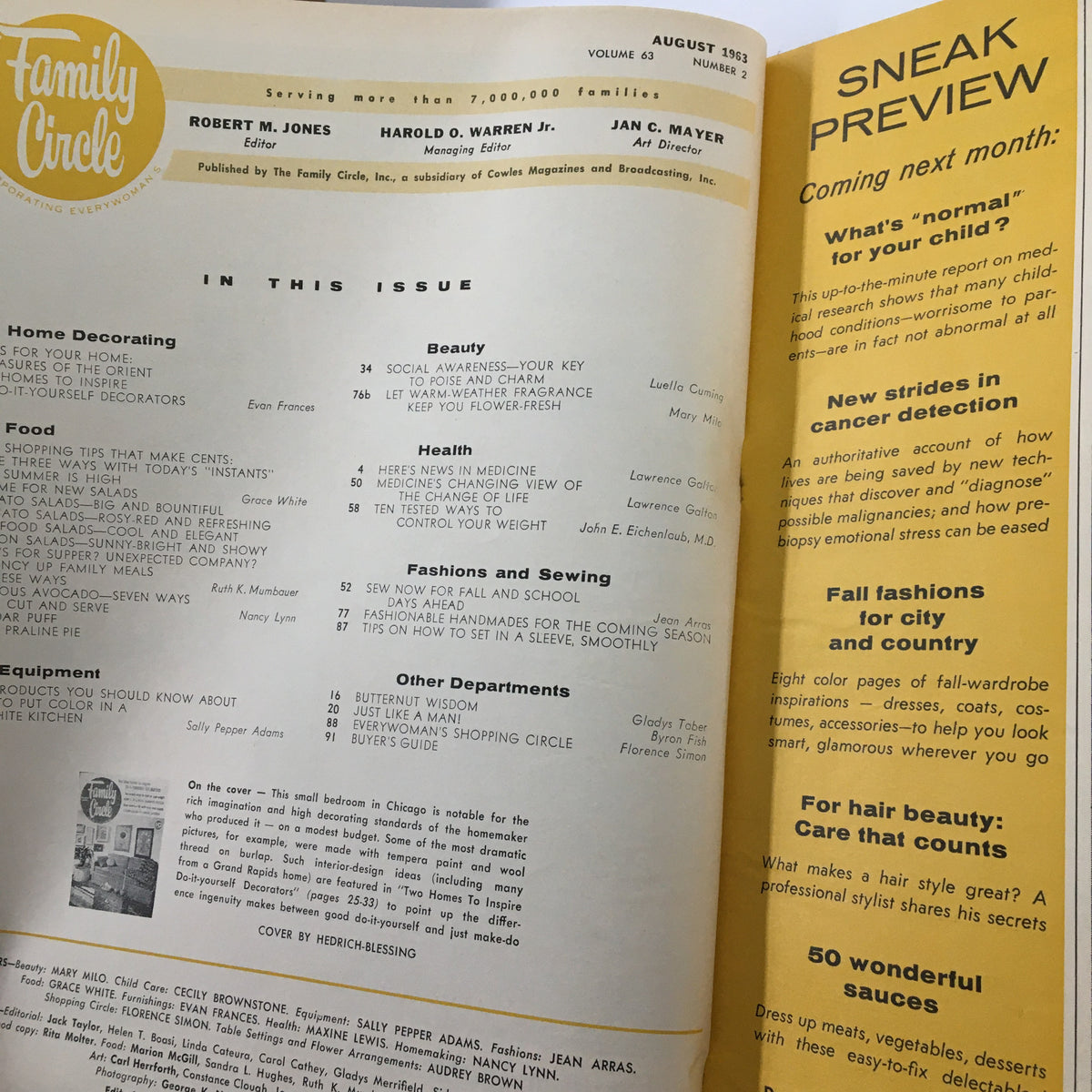 Interior page of VTG Family Circle Magazine August 1963 showcasing the table of contents with articles on beauty, health, and home decor.
