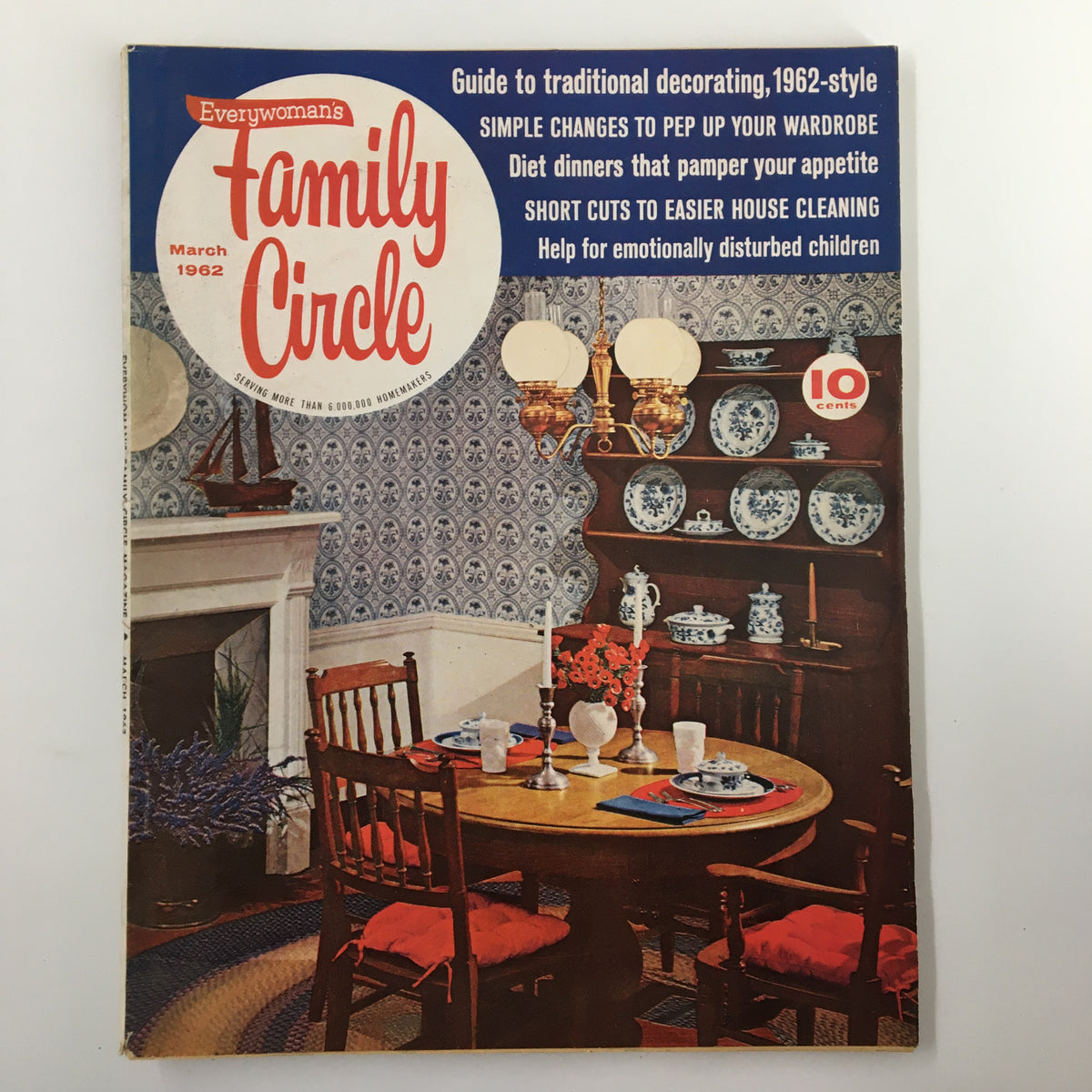 Cover of VTG Family Circle Magazine March 1962 featuring a traditional home decor theme, showcasing a dining room setting with floral arrangements and vintage decor.