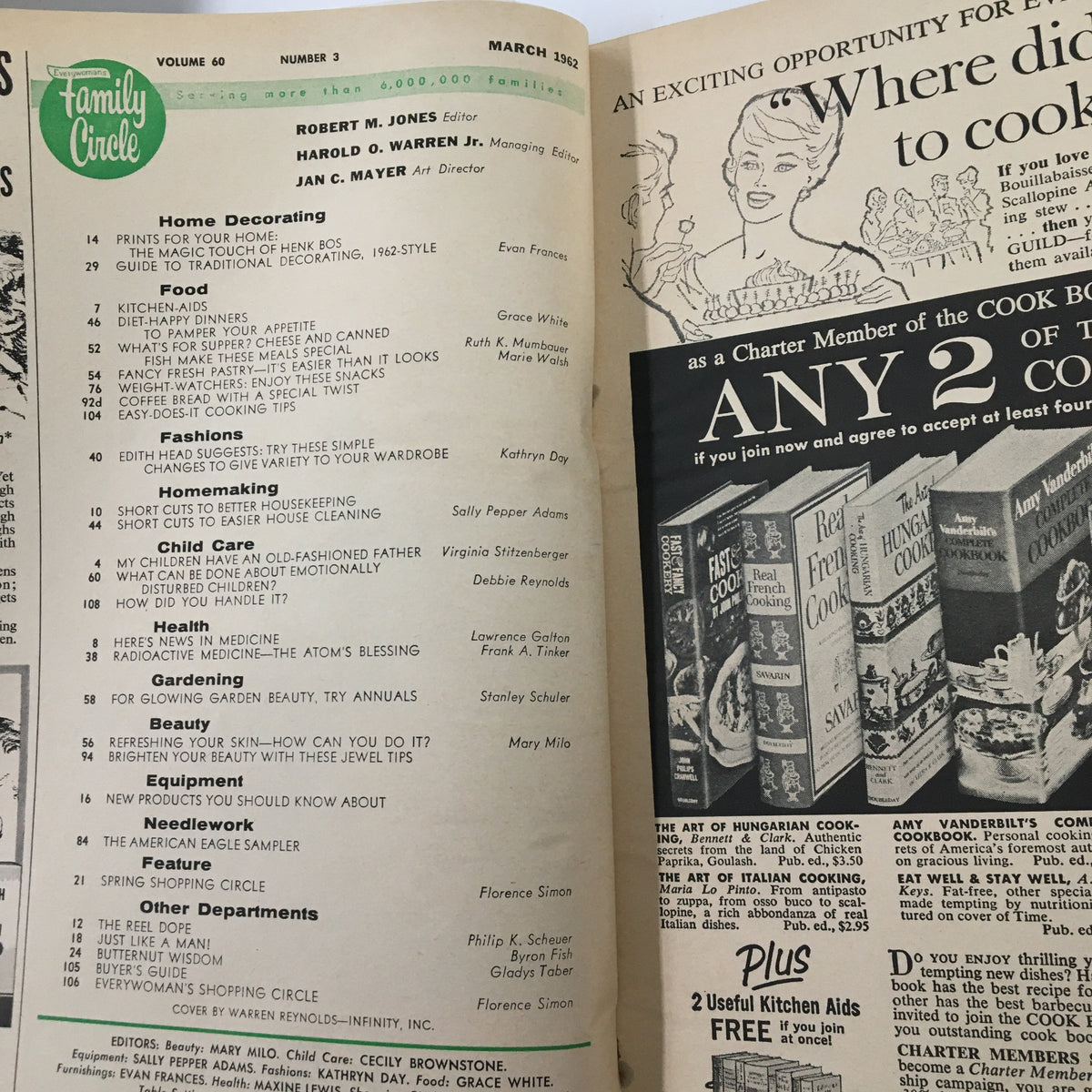 Inside page of VTG Family Circle Magazine March 1962 displaying the table of contents with articles on home decorating, food, fashion, and health.
