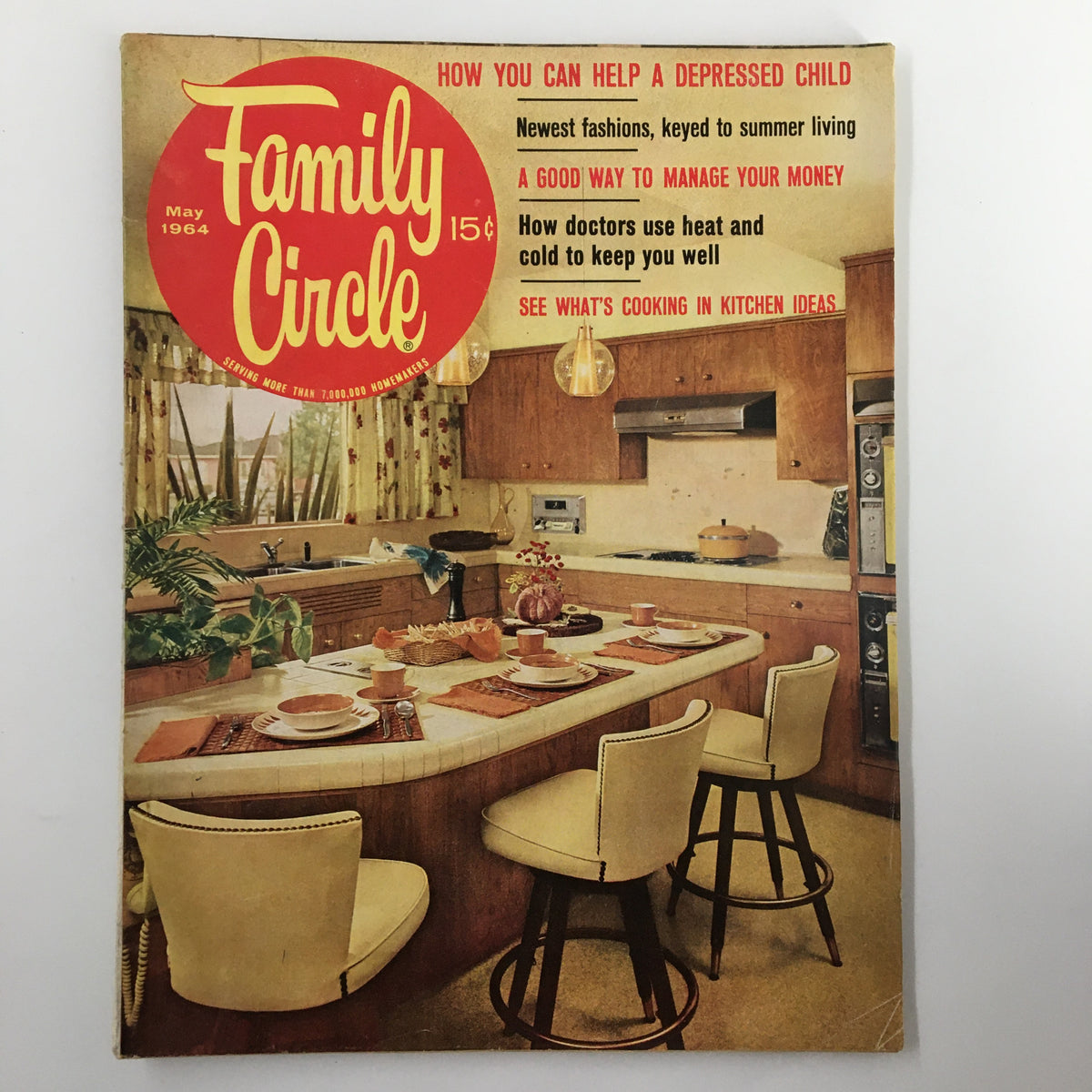 Cover of VTG Family Circle Magazine May 1964 featuring the title 'A Good Way To Manage Your Money', showcasing a vintage kitchen setting and articles on household management.
