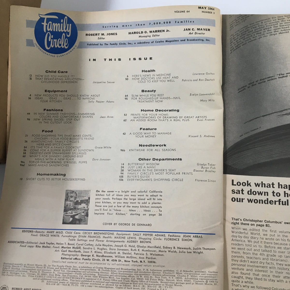 Inside page of VTG Family Circle Magazine May 1964 listing articles, including 'A Good Way To Manage Your Money', with details on various homemaking topics and features.