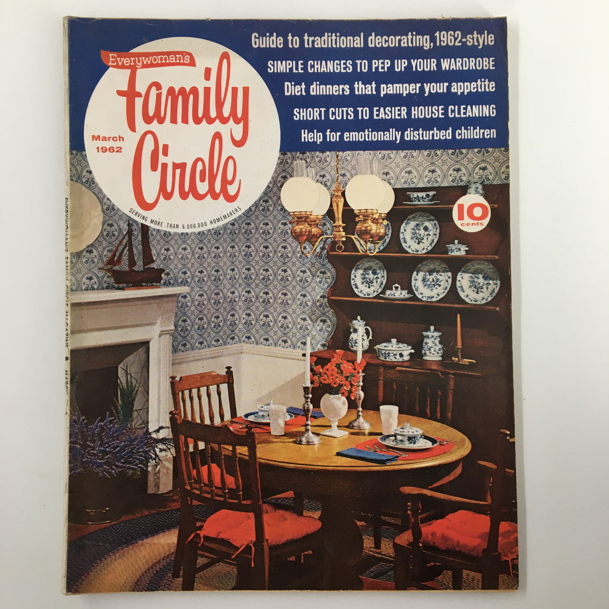 Cover of VTG Family Circle Magazine from March 1962 showcasing dining and home decor tips, featuring articles on diet dinners that pamper your appetite.