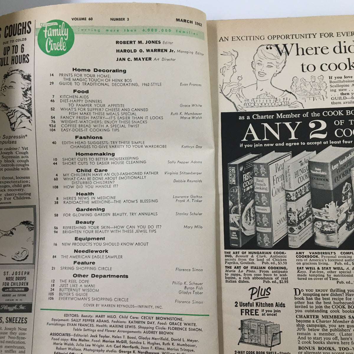 Interior page of the VTG Family Circle Magazine March 1962 listing contents, including food, homemaking, and fashion sections.