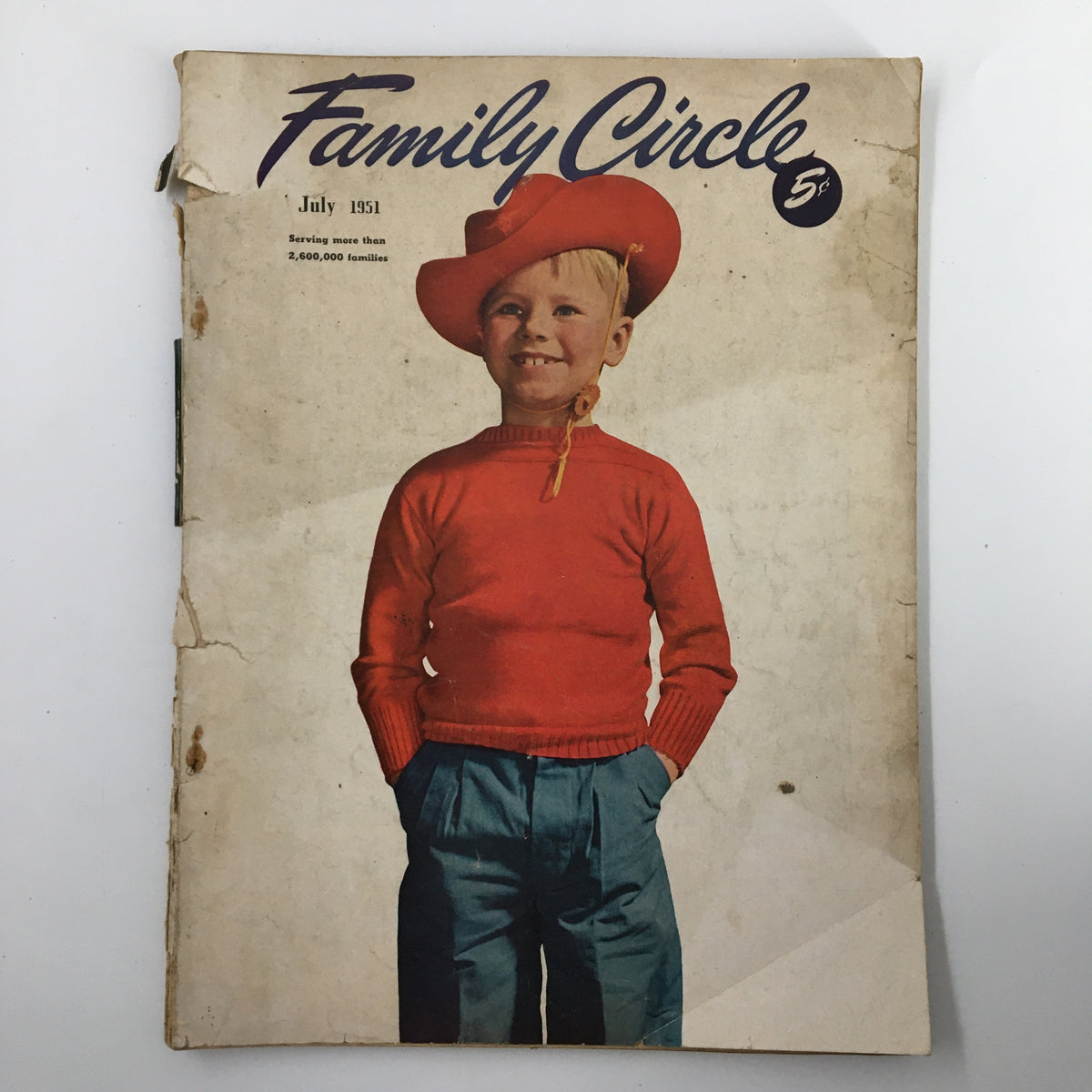Cover of VTG Family Circle Magazine July 1951 featuring a smiling boy in a red sweater and cowboy hat, representing mid-century charm.