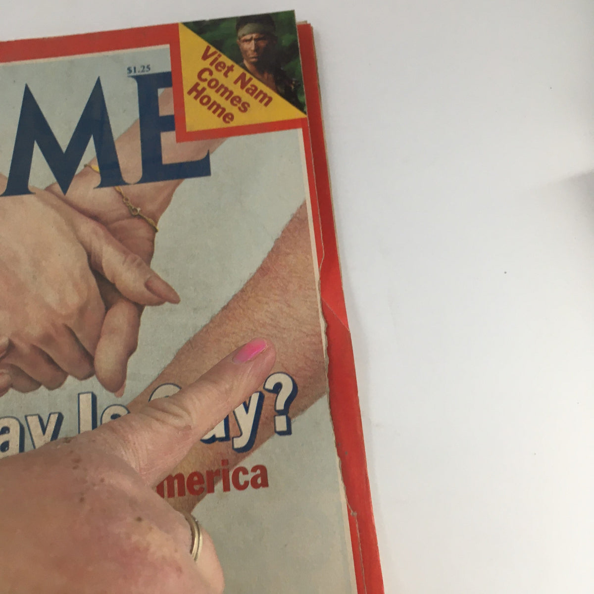 Close-up of Time Magazine cover from April 23, 1979, highlighting the title 'How Gay Is Gay? Homosexuality in America' with details of hands and text.