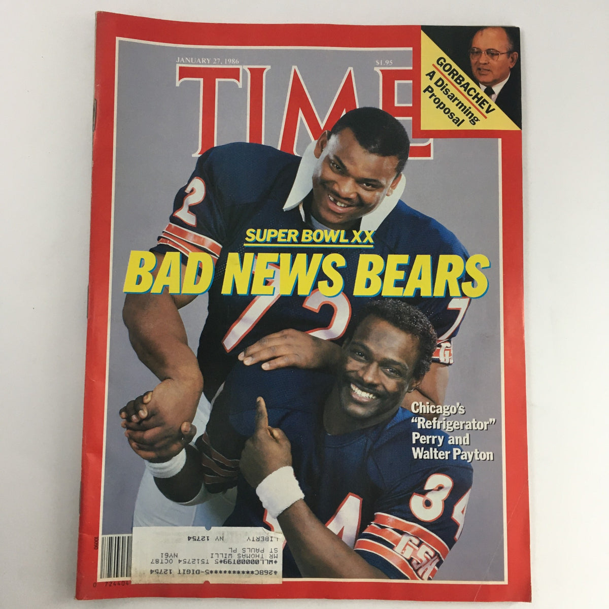 Time Magazine January 27, 1986 cover featuring Chicago's football legends William Perry and Walter Payton, highlighting Super Bowl XX and labeled as 'Bad News Bears.'