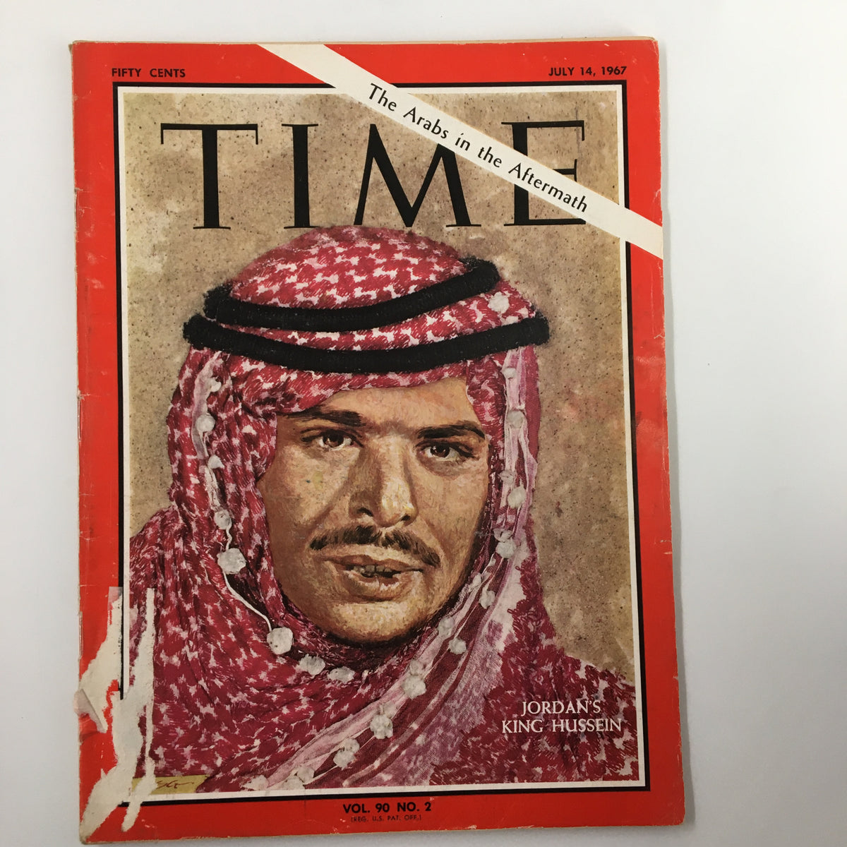 Vintage Time Magazine cover from July 14, 1967, Volume 90, Number 2, featuring a portrait of Jordan's King Hussein with the headline 'The Arabs in the Aftermath', highlighting significant historical events.