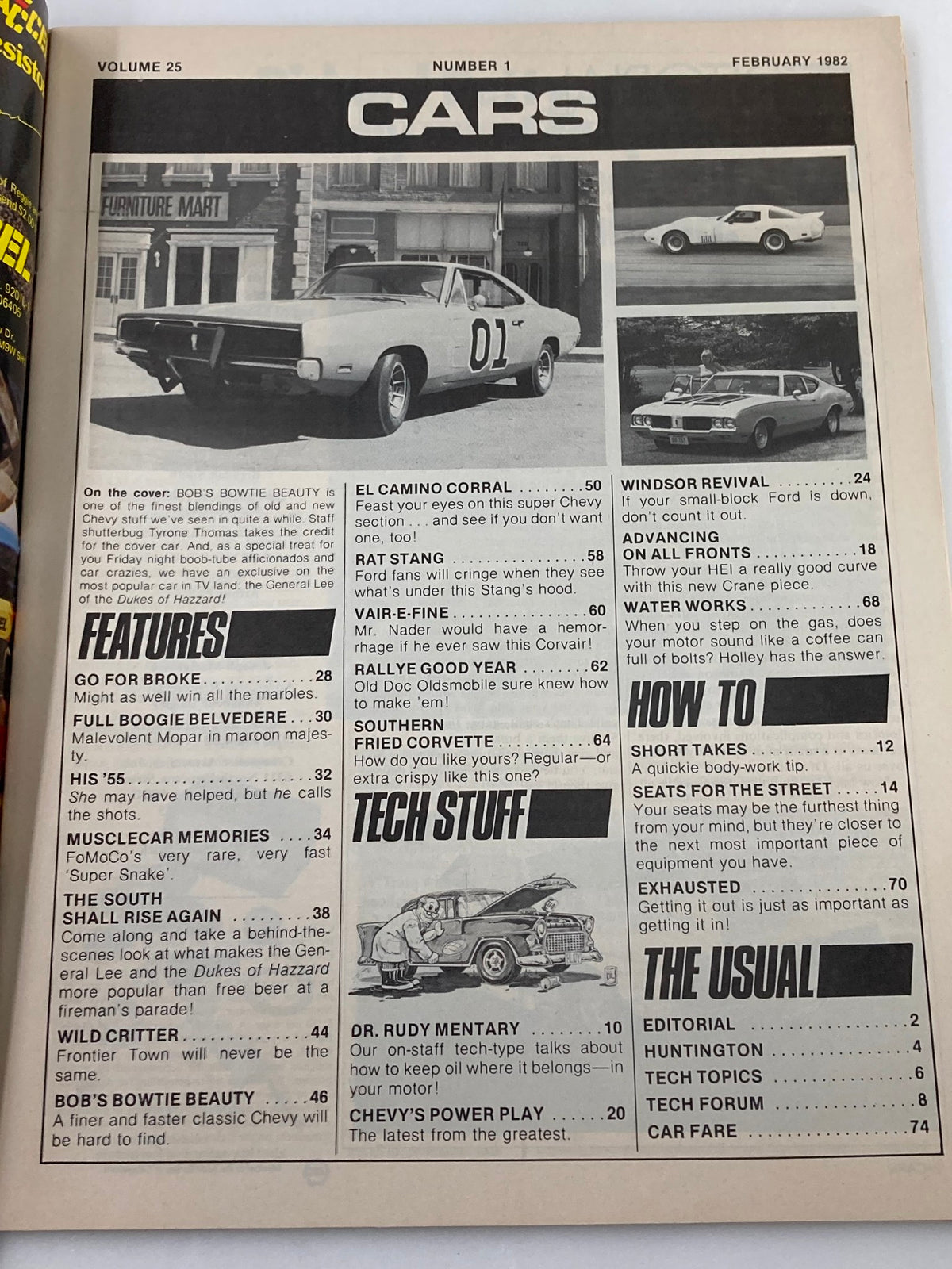 Cover page of VTG Cars Magazine February 1982 Vol 25 #1 featuring Bob's Bowtie Beauty, showcasing classic car models and articles relevant to 1980s automotive culture.