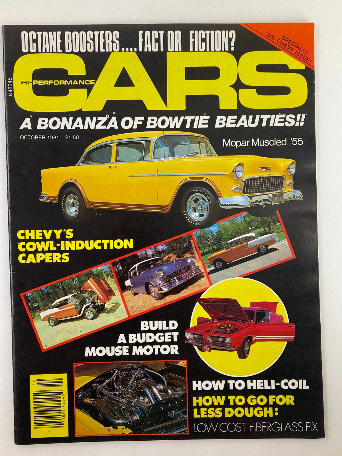 VTG Cars Magazine October 1981 Vol 24 #5 featuring a classic yellow 1955 Chevrolet car on the cover. The magazine discusses topics such as automotive innovations and features articles by contributor Bob Wagner.