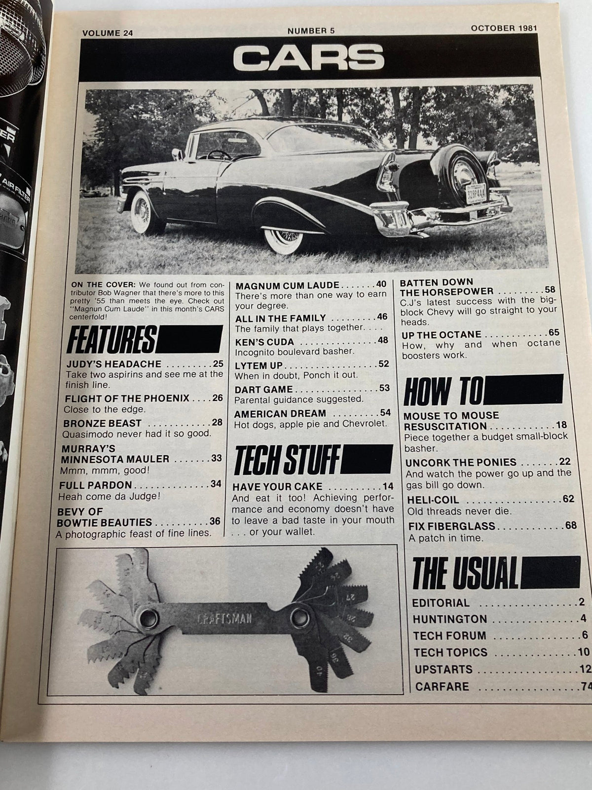 Inside page of VTG Cars Magazine October 1981 Vol 24 #5 showcasing a black car on the cover with a detailed table of contents including features and tech tips.
