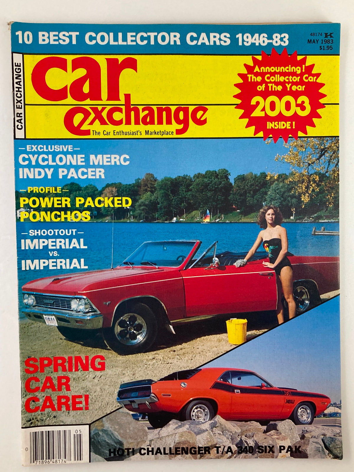 Cover of VTG Car Exchange Magazine May 1983 Vol 5 #5 featuring Sherry Cadwell, showcasing classic cars including a red convertible and a vintage muscle car, highlighting the automotive culture of the early 1980s.