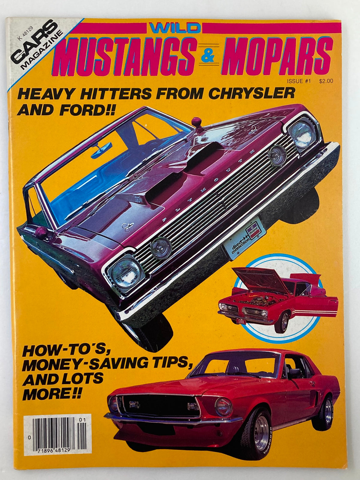 Vintage Cars Magazine Issue #1 1982 featuring Wild Mustangs and Mopars, showcasing classic American muscle cars on the cover with bright colors and bold text.