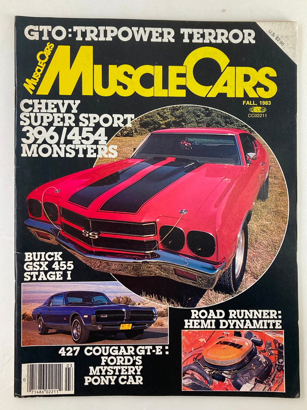 Cover of VTG Muscle Cars Magazine Fall 1983 Vol 1 #3 featuring iconic muscle cars like the Chevy Super Sport 396/454, Buick GSX 455, and 427 Cougar GT-E, highlighting the muscle car era.