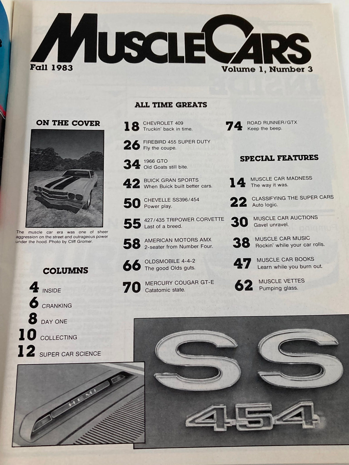 Interior page of VTG Muscle Cars Magazine Fall 1983 Vol 1 #3 showcasing the table of contents, including features on classic muscle cars and automotive history.