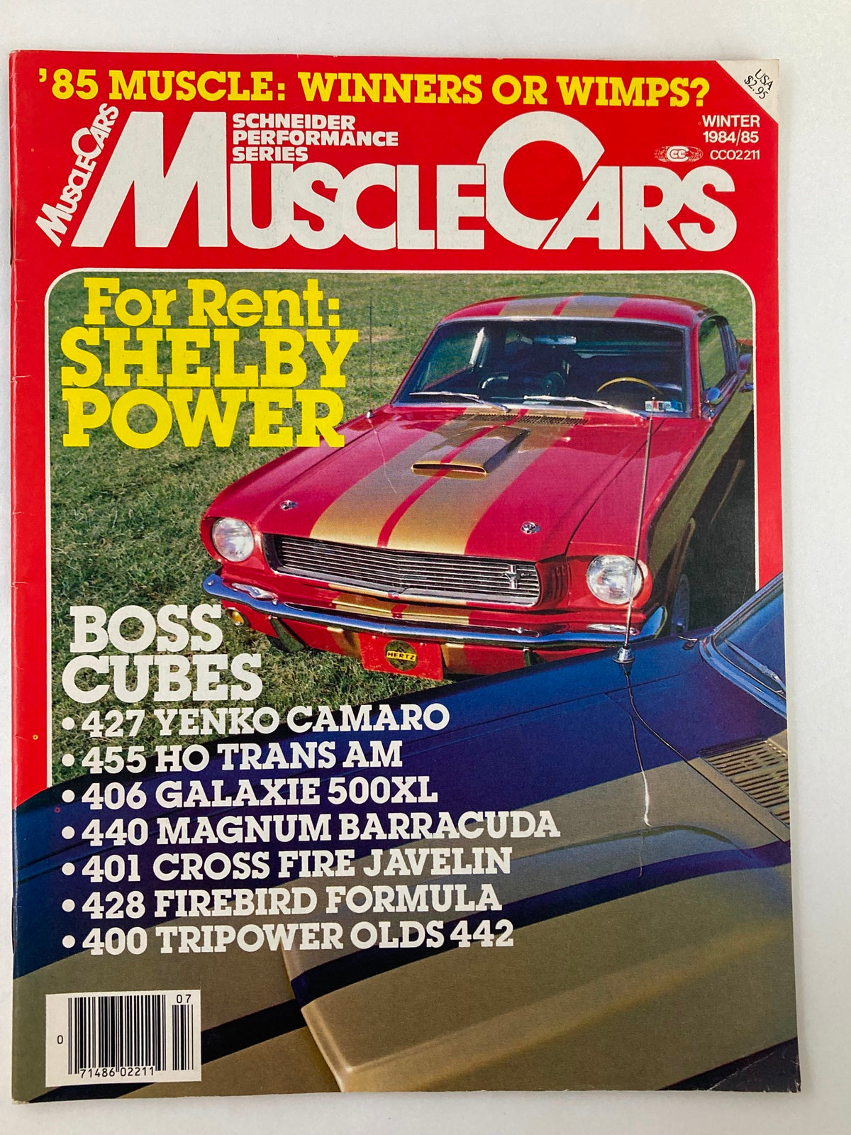 Cover of VTG Muscle Cars Magazine Winter 1984 featuring 'For Rent: Shelby Power' along with notable muscle cars and the title prominently displayed.