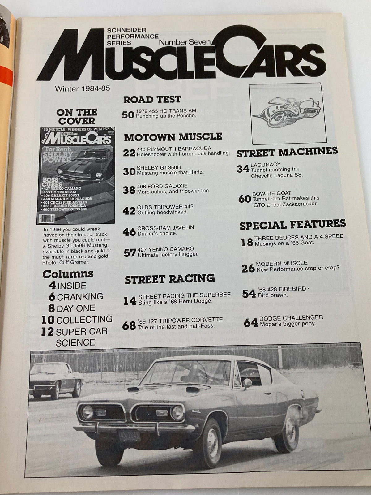 Interior page of VTG Muscle Cars Magazine Winter 1984 showcasing the contents including road tests and features on classic muscle cars.