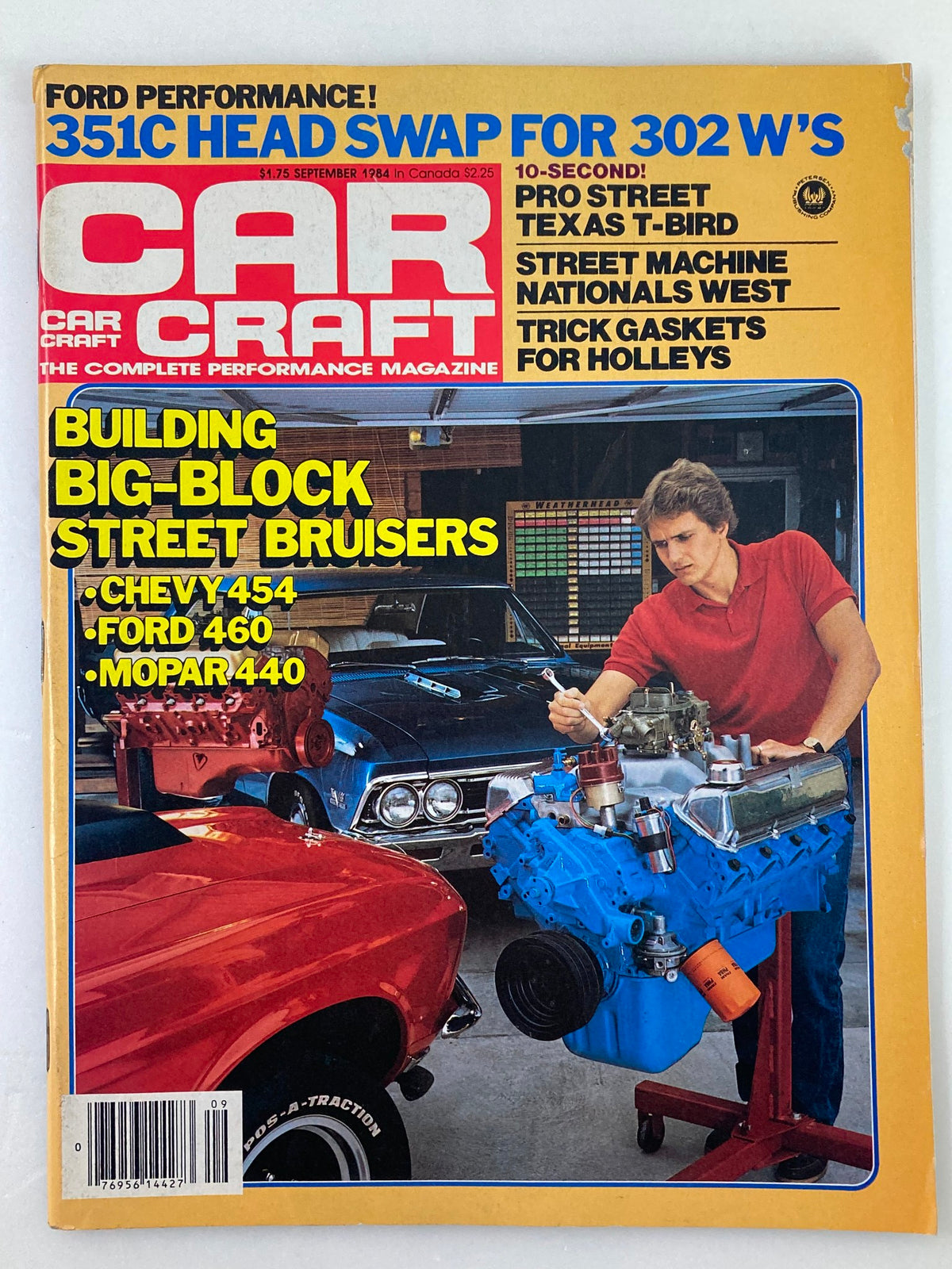 Cover of VTG Car Craft Magazine September 1984 Vol 32 #9 featuring the headline 'Building Big-Block Street Bruisers' with a photo of a man working on an engine in a garage setting.