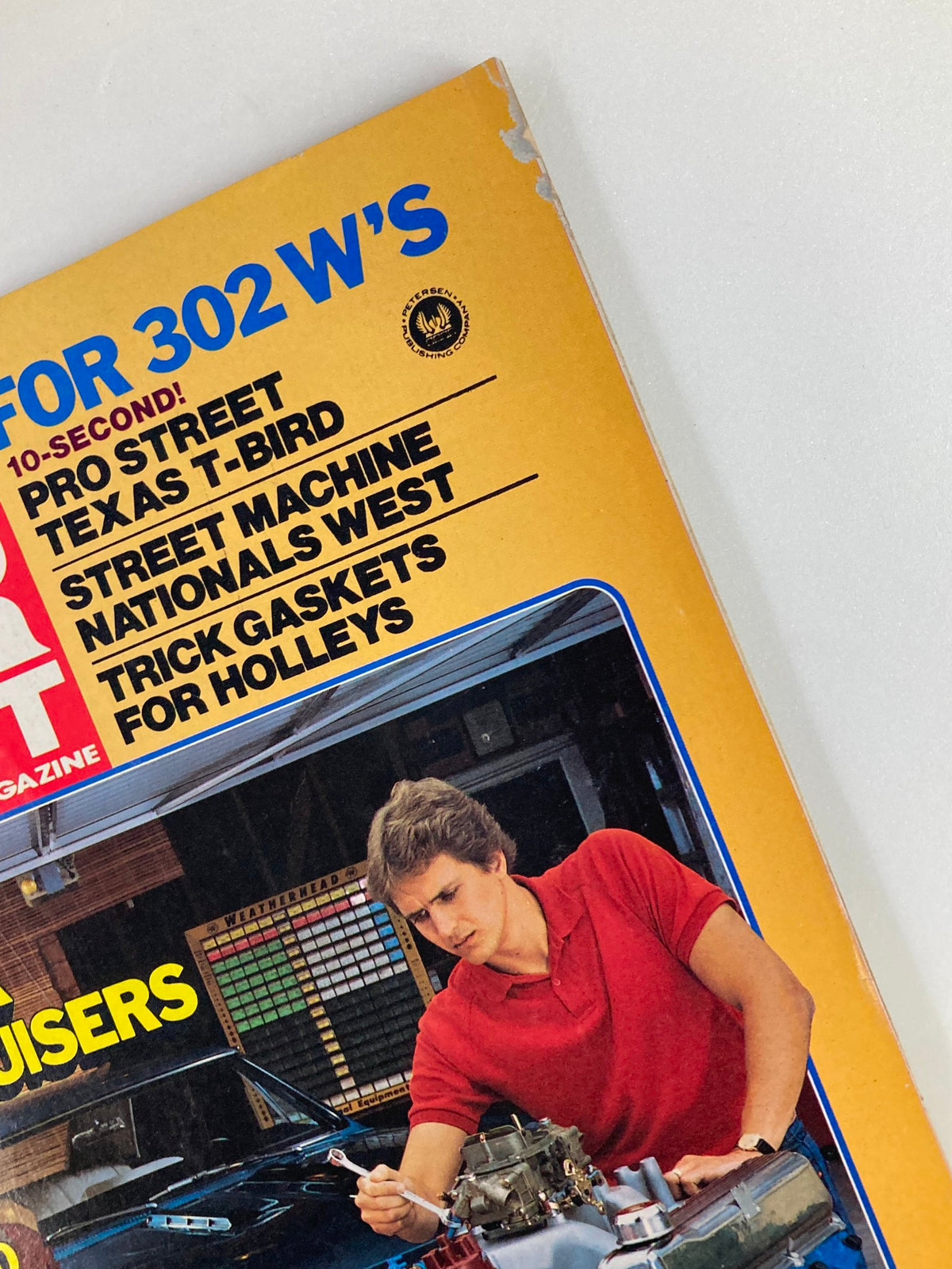 Close-up of the top section of VTG Car Craft Magazine September 1984 Vol 32 #9 highlighting headlines including '10-Second! Pro Street Texas T-Bird' and details about automotive performance.