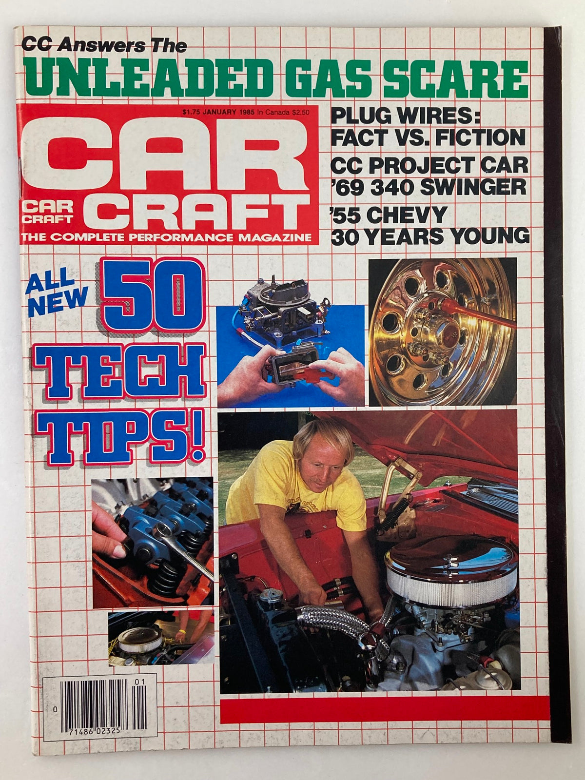 Cover of VTG Car Craft Magazine January 1985, Vol 33 #1 featuring '50 Tech Tips'. The magazine showcases automotive repair and restoration insights with images of car parts and a mechanic at work.