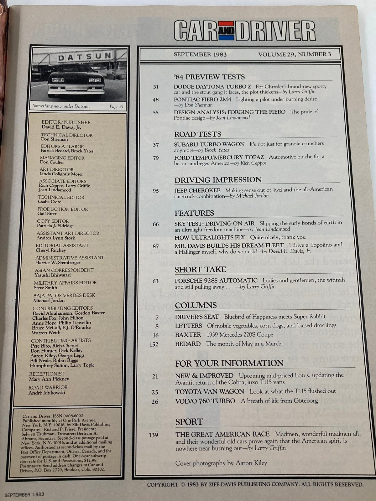 Car and Driver Magazine September 1983 Volume 29 Issue 3 cover featuring Dodge Daytona Z, showcasing vintage automotive content and features.