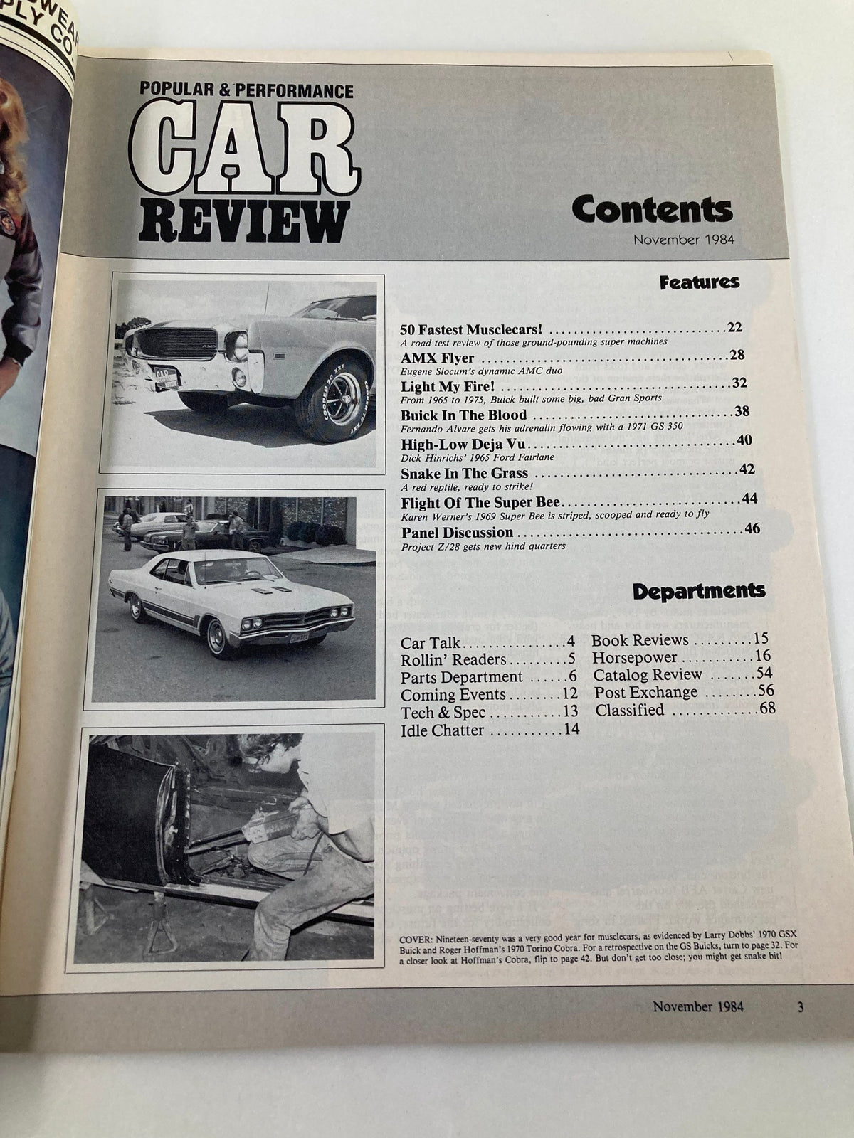 Contents page of the Vintage Popular & Performance Car Review November 1984 showcasing articles and features related to performance cars.