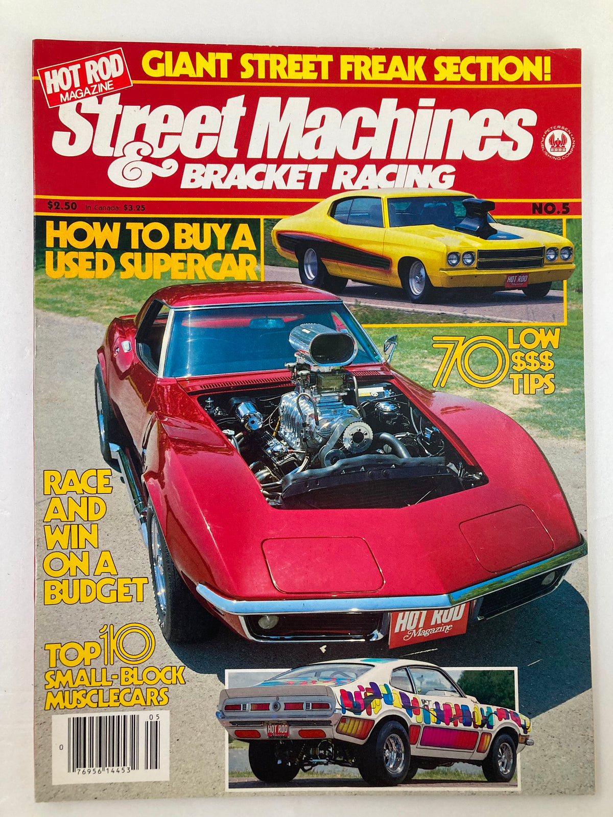 Cover of VTG Hot Rod's Street Machines & Bracket Racing No. 5 (1981) featuring a red supercar with a detailed engine and a yellow car in the background, showcasing articles on buying used supercars and low-budget racing tips.