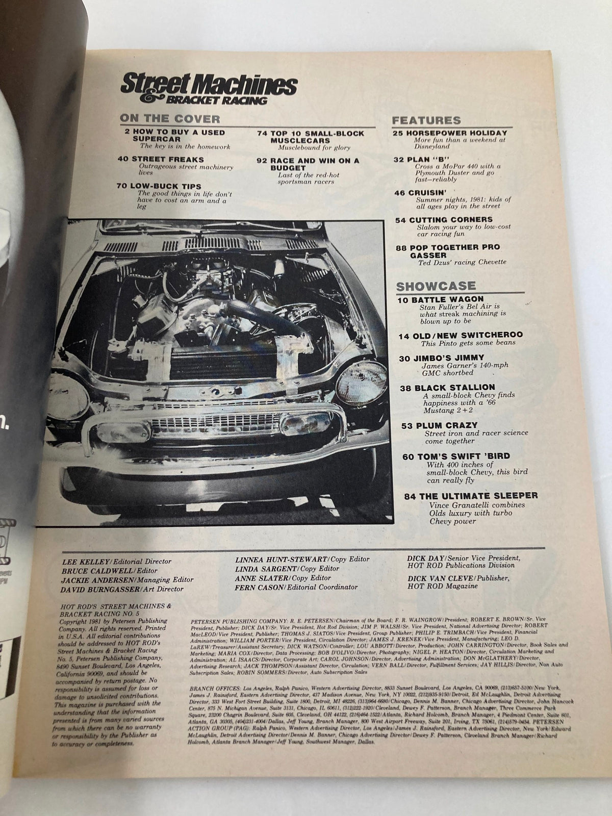 Interior page of VTG Hot Rod's Street Machines & Bracket Racing No. 5 (1981), displaying a list of features and articles, including details on street machine culture and racing tips.